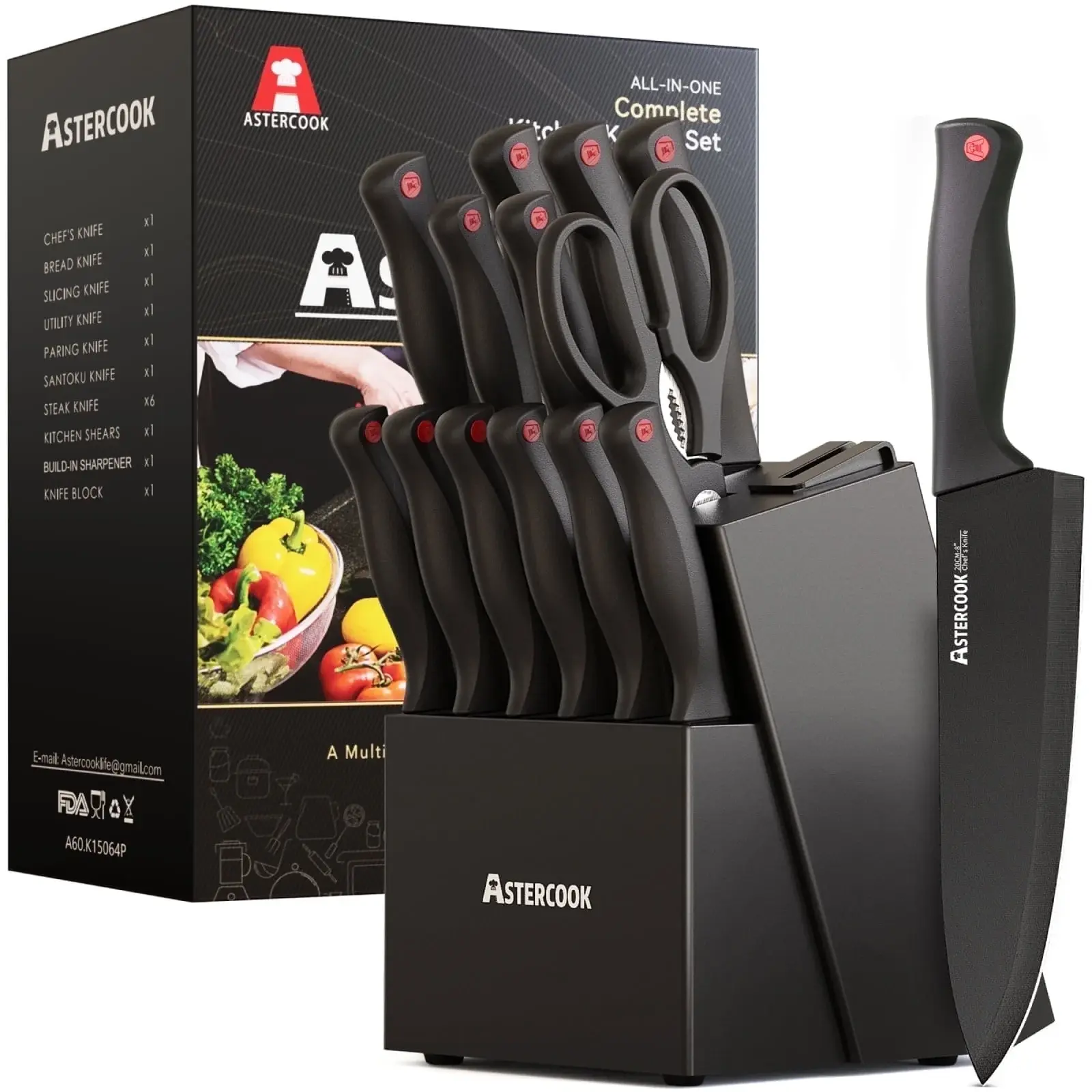 14-Piece Kitchen Knife Set with Sharpener, German Stainless Steel, Anti-Rust, Dishwasher Safe