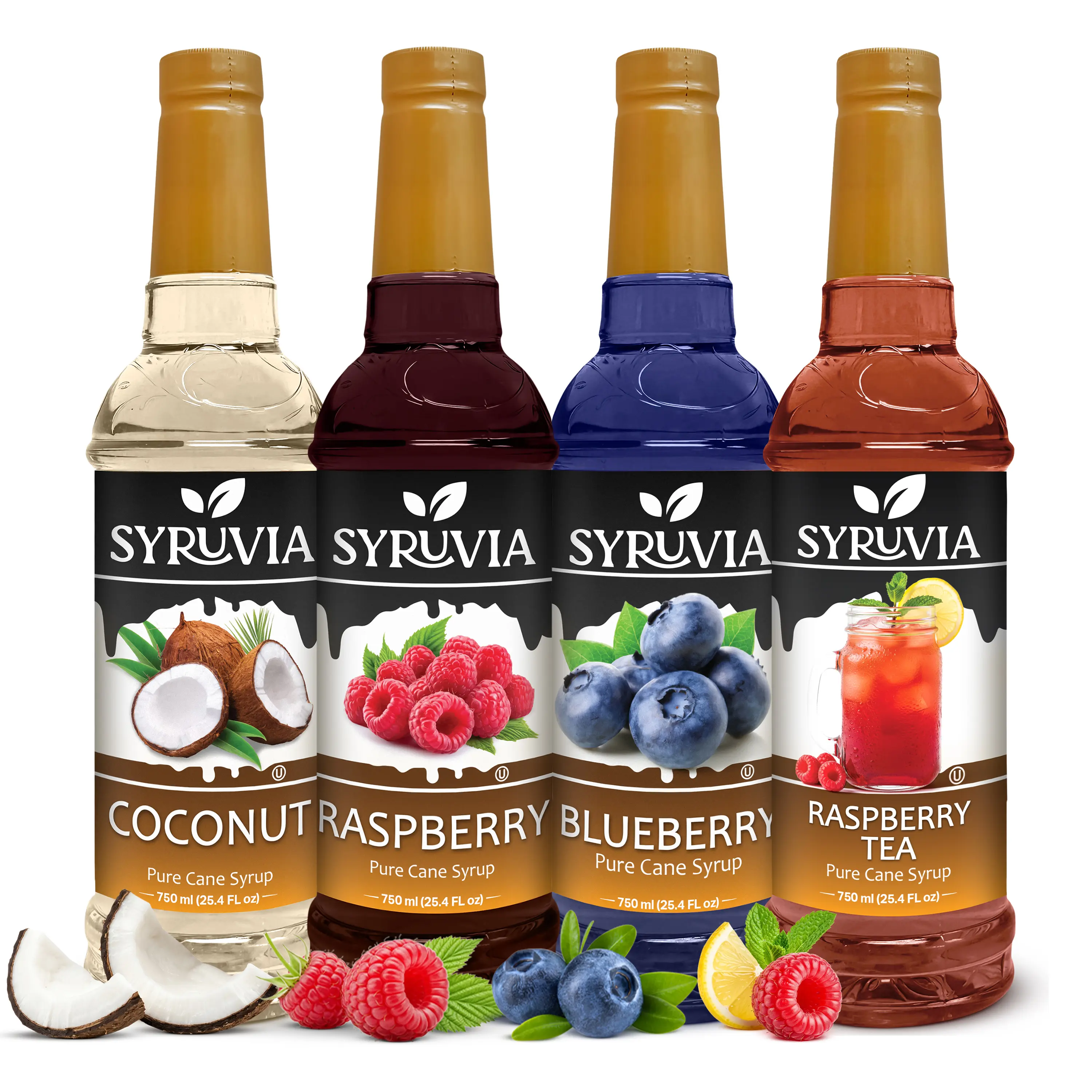 Syruvia Sweet Fruity Tropical Syrups & Concentrates Variety Pack - Gluten-Free, Hypoallergenic, Cane Sugar, Ambient Plastic Bottles - Coconut, Blueberry, Raspberry Tea Flavors - For Lemonades, Iced Teas - 25.4 oz (4 Pack), Liquids