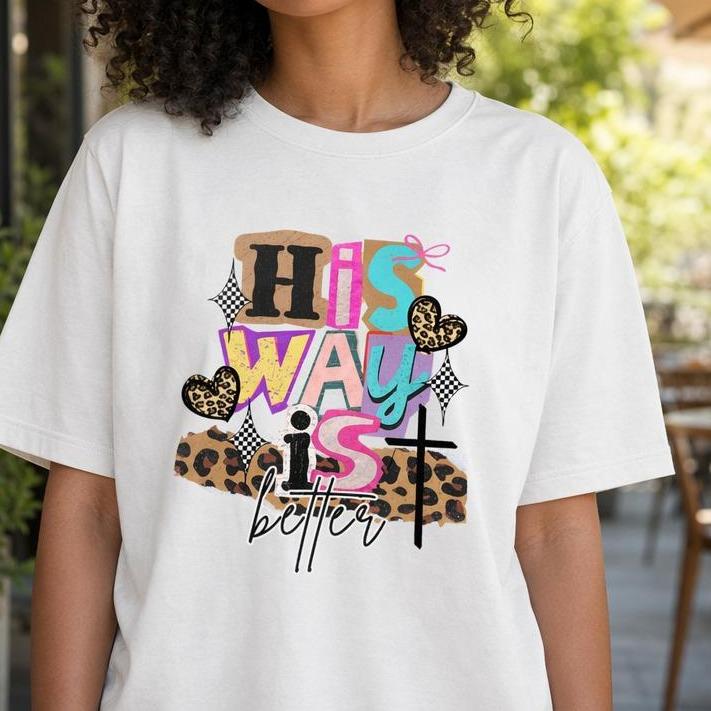 Women's 100% Cotton Crew Neck Short-Sleeve Drop Shoulder Retro Graphic T-Shirt - Christian Faith "His Way Is Better" Message, Leopard Print Short Sleeve Tops Casual Wear