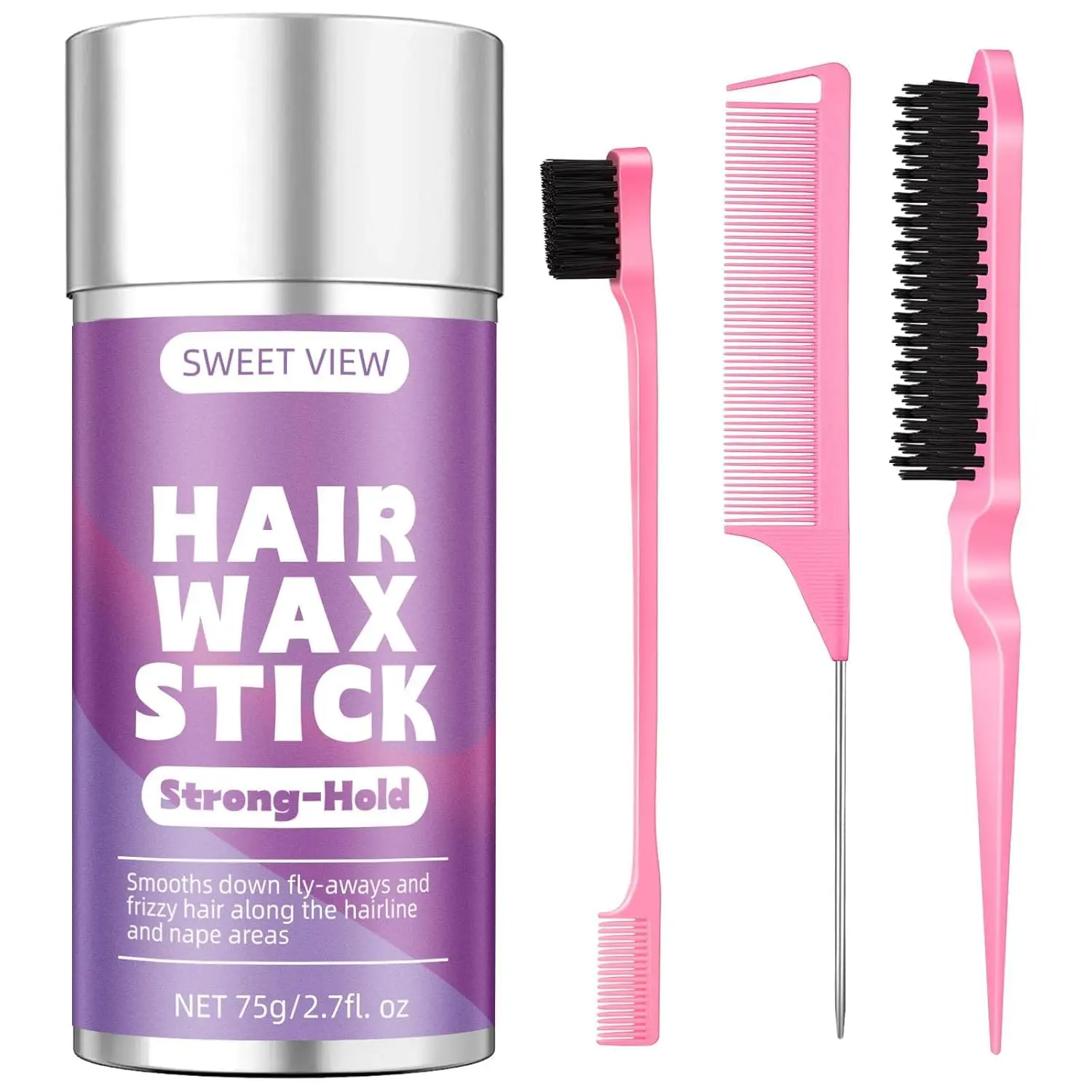 SWEET VIEW Hair Wax Stick & Slick Back Brush | Tames Flyaways, Frizz, Sleek Ponytails, Buns | Pomade/Balm/Gel Stick for Women, Styling Accessories for Girls