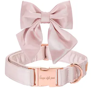 Unique style paws Silk Pink Dog Collar with Bow – Adjustable Durable Wedding Bowtie Collar for Small to Large Dogs