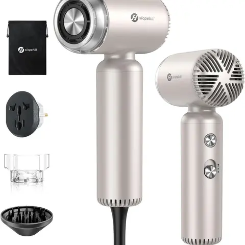 Slopehill 1500W Dual Voltage Ionic Blow Dryer Brush - Anti-Static Hair Dryer with Diffuser, 110-240V Travel Portable, Compact Lightweight, Fast Drying, Low Noise, No Heat Damage, Storage Bag, Gift for Women