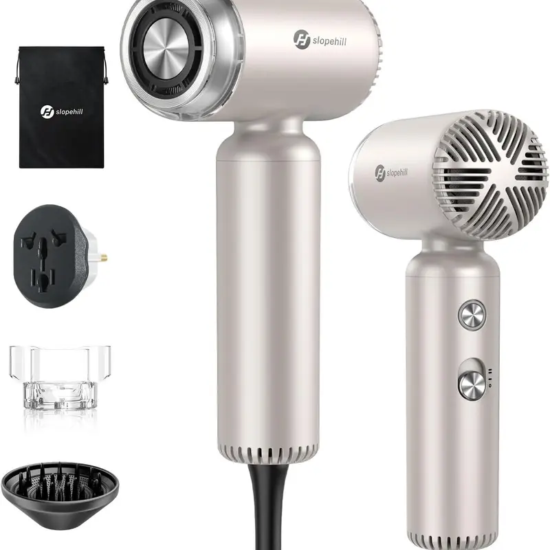 Slopehill 1500W Dual Voltage Ionic Blow Dryer Brush - Anti-Static Hair Dryer with Diffuser, 110-240V Travel Portable, Compact Lightweight, Fast Drying, Low Noise, No Heat Damage, Storage Bag, Gift for Women