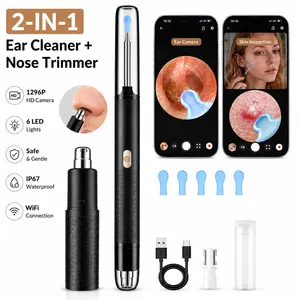 2-in-1 Ear Wax Removal Tool & Nose Hair Trimmer, 1296P HD Ear Camera with WiFi App, LED Visual Ear Cleaner for Adults & Kids