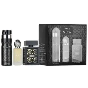 Lattafa Rave Now Black Men 3pc Set: 3.4oz EDP Spray + 1.7oz Hair Mist + 6.7oz Body cologne fragrance perfume
