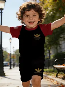Red and Black Eagle Commemorative Digital Printed Baby Short-Sleeve Set, Casual Children's Clothing for Babies, T-shirt Suitable for Daily Wear and Outdoor Sports, 100% Polyester, Perfect Gift for Infants and Toddlers!