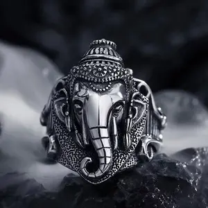 Retro Ganesha Elephant God Ring For Men Silver Color Punk Gothic Open Ring Handmade Designer Jewelry Unisex Hindu Accessories