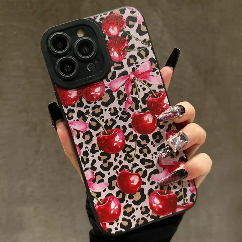 Cherry & Bow Pattern Phone Case for Fall Gift, Shockproof Phone Protective Cover, Anti-fall Phone Protector Cover Compatible with iPhone 15 14 13 12 1