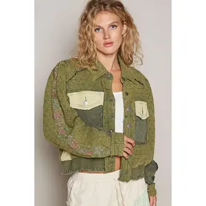 POL Embroidered Sleeve Raw Edge Quilted Jacket