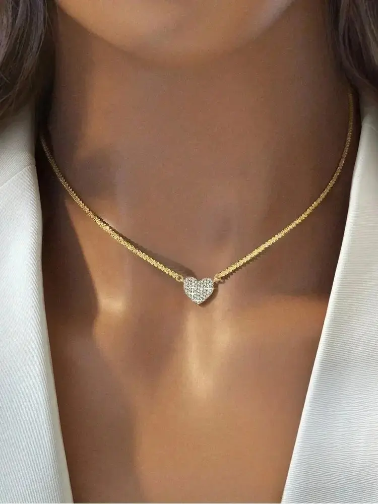 925 Sterling Silver Full Zircon Heart Decoration Necklace for Women - Glittery, Elegant Finish, Feminine, Formal Evening Fine Jewelry for Engagement, Wedding, Glittery Necklaces, Heart Decoration Necklaces
