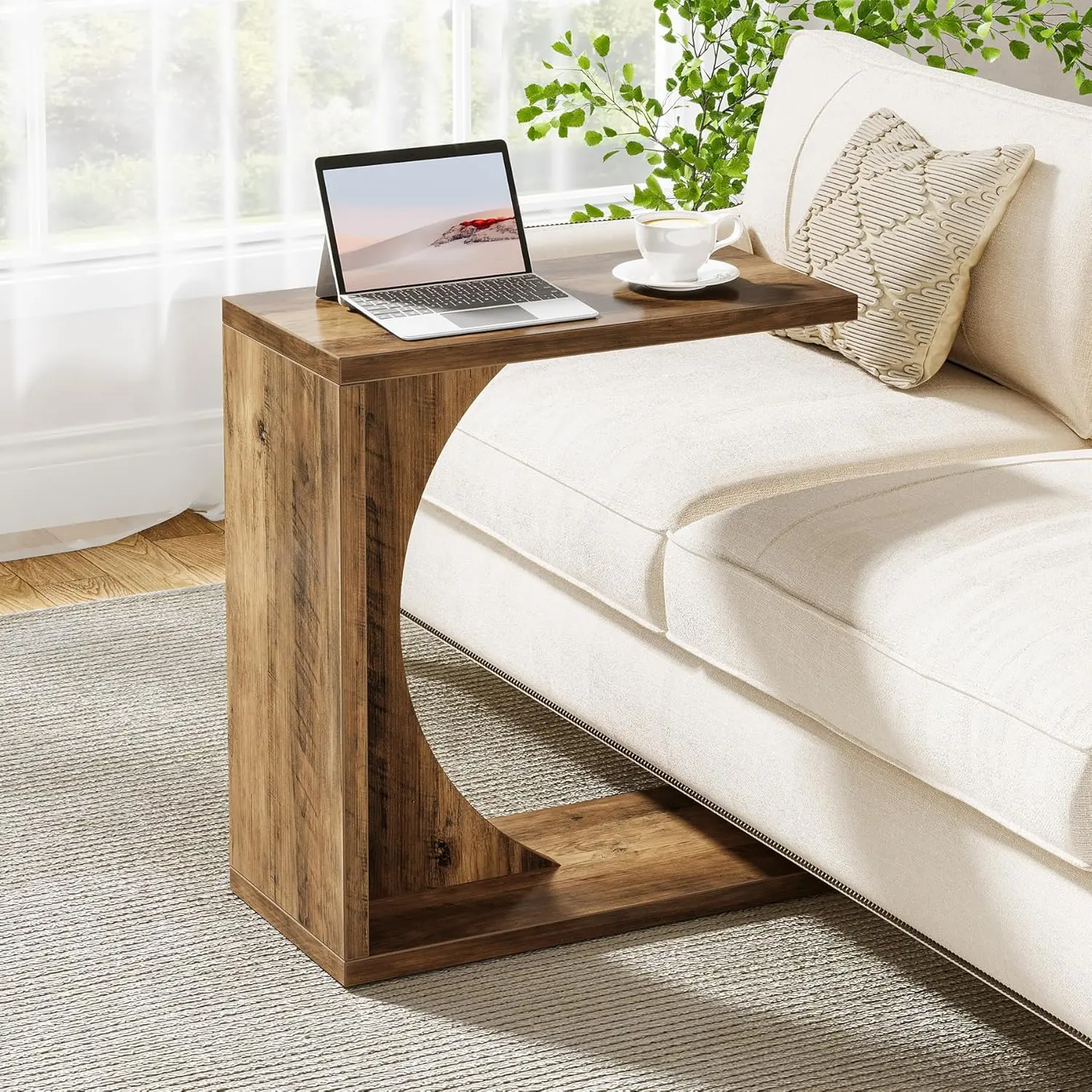 Tribesigns C-Shaped End Table for Couch, Small Bedside Table for Sofa, Wooden Nightstand for Living Room Bedroom Laptop Work Desk (1, Rustic Brown)
