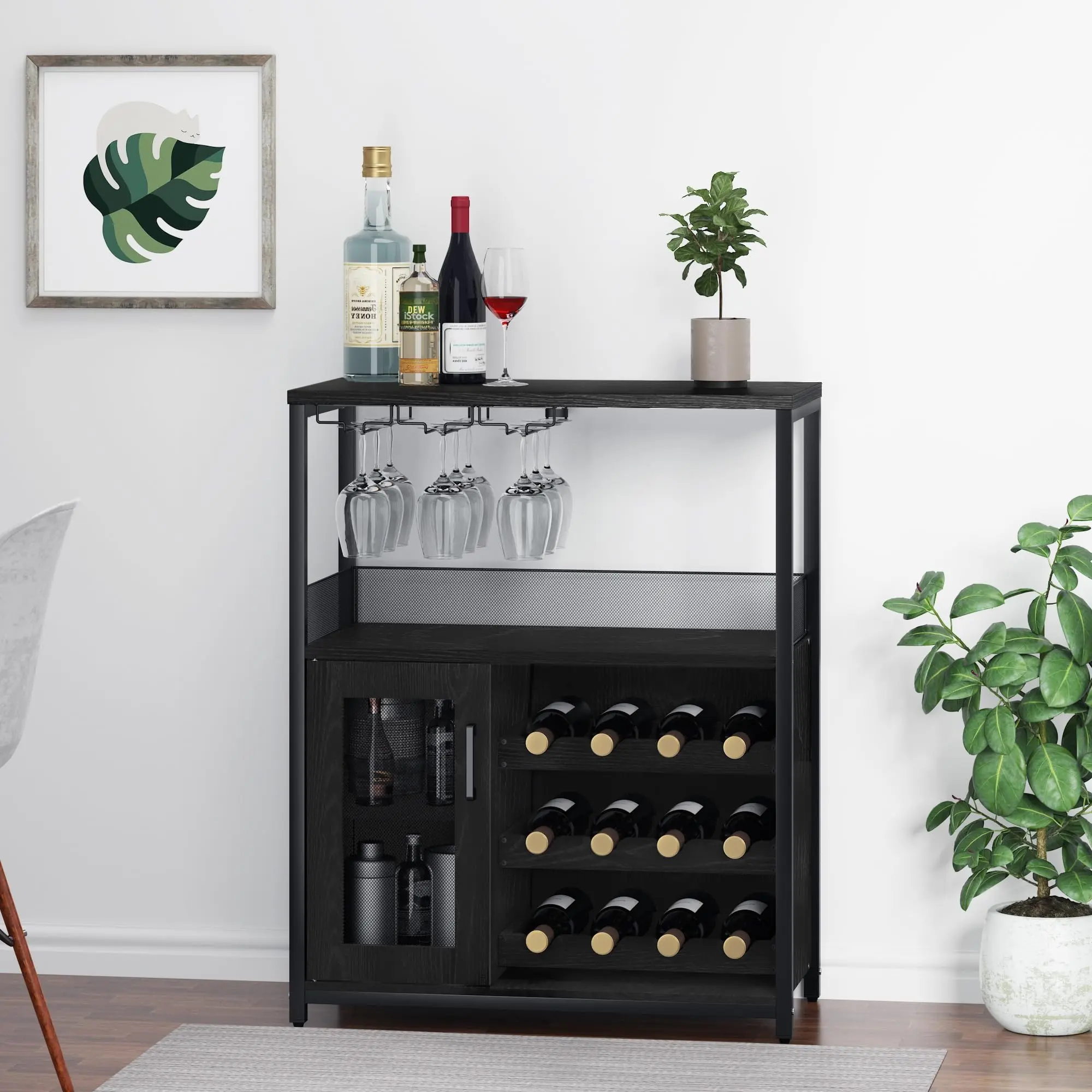 3-Tier Black Wine Bar Cabinet, Liquor Cabinet with Wine Rack & Glass Holder, Coffee Bar with Storage & Door, Sideboard Buffet Bar for Living Room, Dining Room, Kitchen