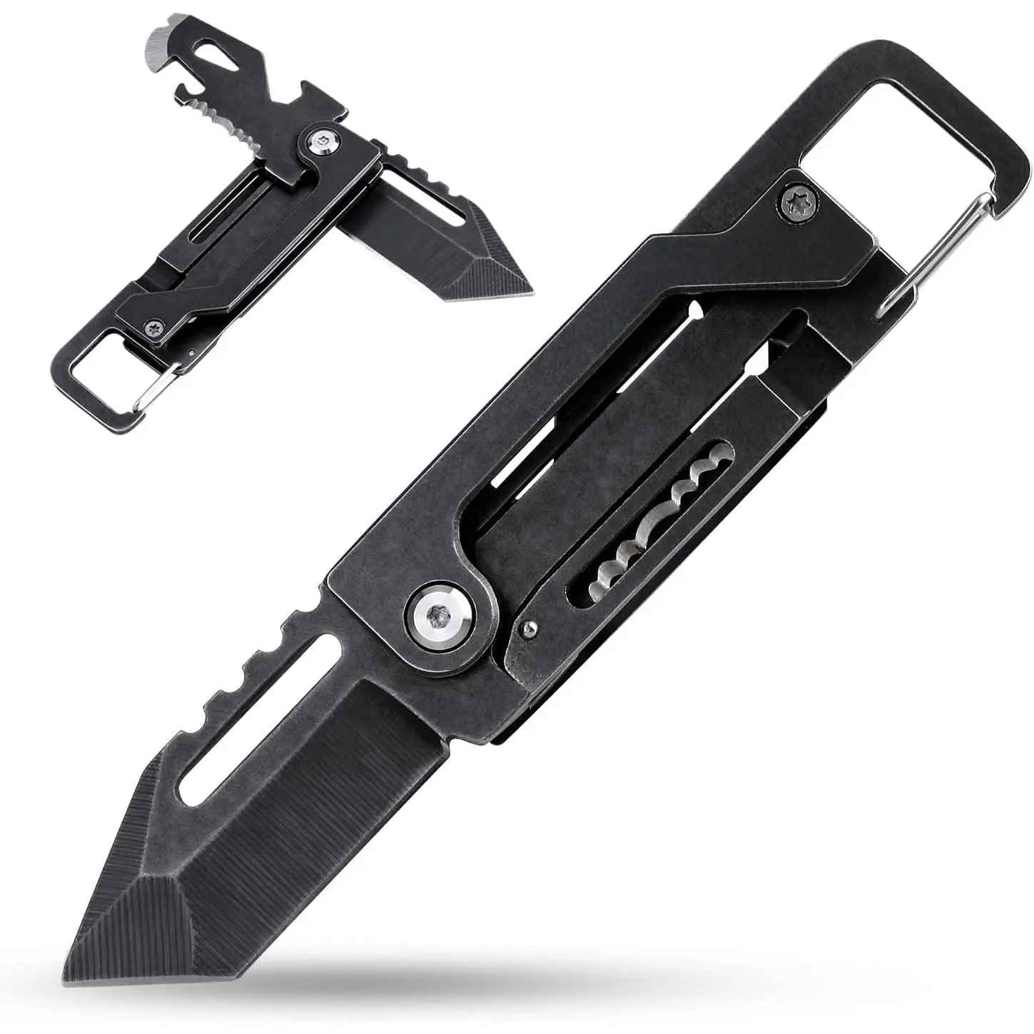 Stainless Steel Tanto Keychain Knife - 5.12 Inches All-Locking Multitool with Carabiner, Keychain Clip, Box Cutter, Can-Bottle Opener, Screwdriver Wrench, Pry Tools - EDC Hiking Gear, Men's Gift, All-Locking Features