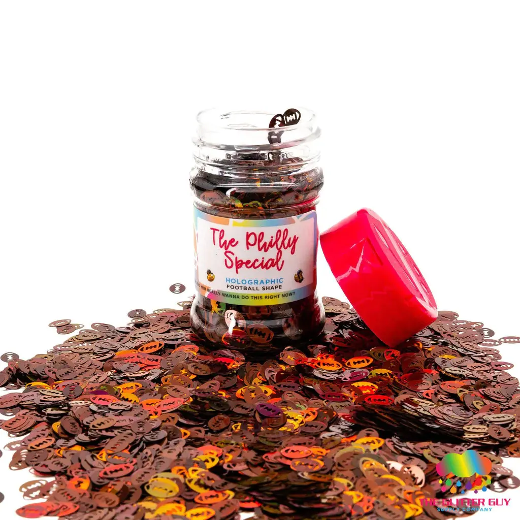 The Glitter Guy Philly Special Holographic Glitter, Solvent Resistant Polyester for Crafts Art Supplies & Cosmetic Use, Brown Football Shape, Easy to Clean Up, 60mL Shaker, 75 Different Color Variations, Uv Resistant