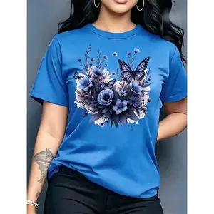 100% cotton floral spring/summer printed women's casual round-neck short-sleeve T-shirt