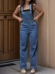 Women's Casual Loose Fit High Waist Harem Pants, Medium Wash, Plain Design, All-Season Wear, Perfect for Daily & Dates, Comfortable & Versatile, Overalls