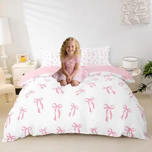 Cute Bowknot Kids Bedding Set,Pink Bow Princess Comforter Set,Watercolor Bow Knot Bedding Comforter Set,Simple Pink and White Duvet Insert Soft Comfy Lightweight