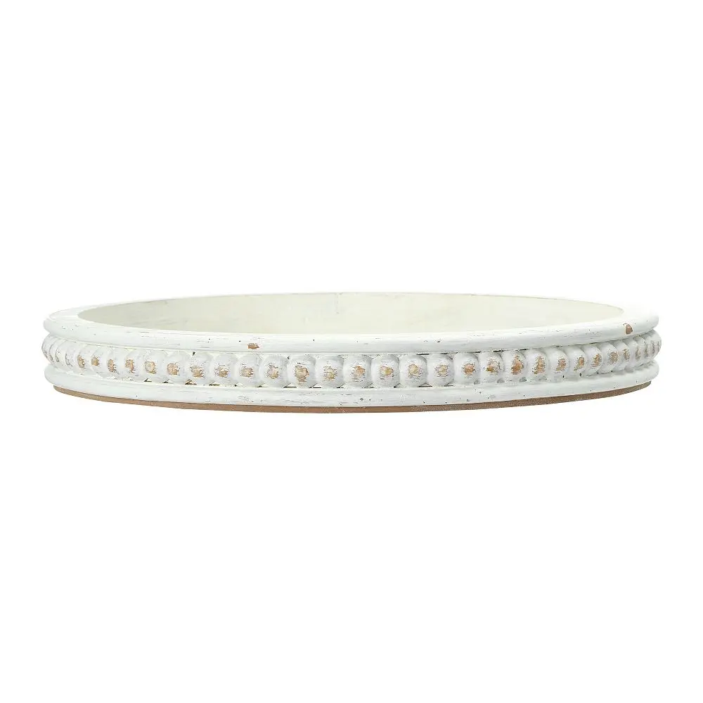 Storied Home White Decorative Round Wooden Tray with Hobnail Edge - Ideal for Coffee Service, Kitchen Plates Display