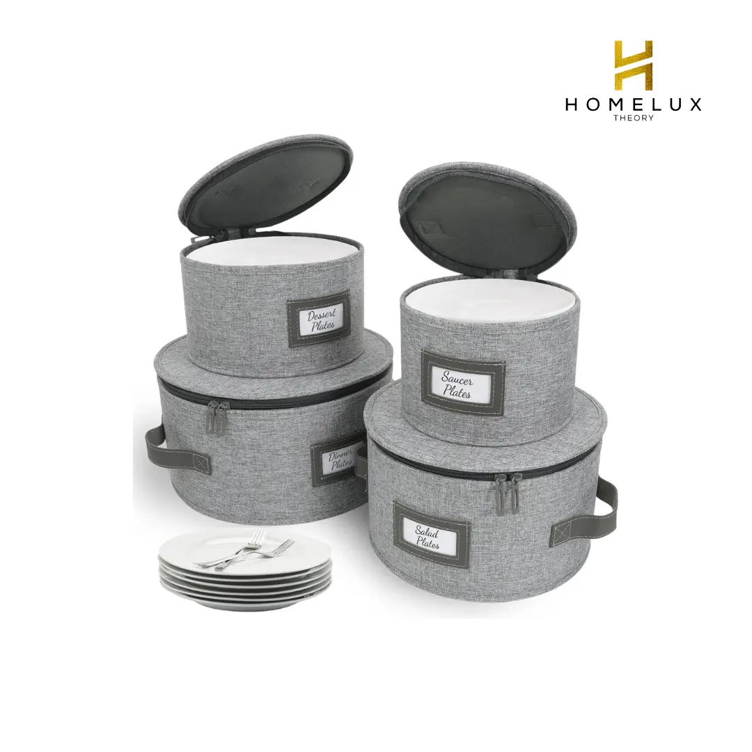 HOMELUX THEORY Hard Shell Storage Containers for Dishes, 4pcs Plate Storage Containers with Lid, Heavy Duty Dish and Dinnerware Storage with 48 Felt Pads, Kitchen Organizers and Storage