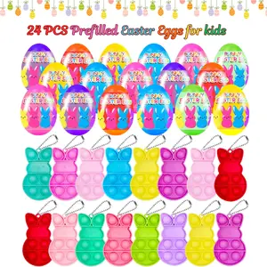 24 PCS Prefilled Easter Eggs with Bunny Pop Bubble Fidget Keychain Toys for Kids – Easter Basket Stuffers, Egg Fillers, Party Favors & Easter Gifts