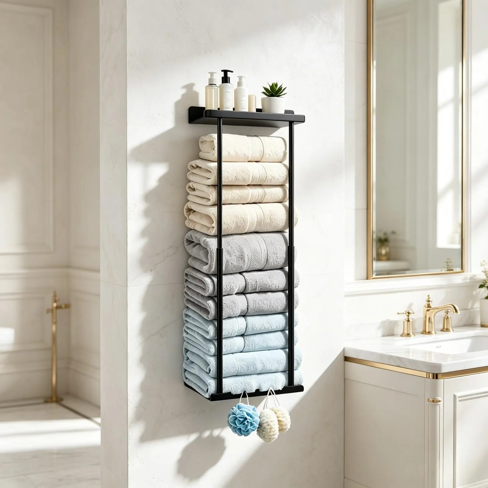 Black 30-in Metal Wall Mount Retractable Towel Rack with Shelf - Modern Bathroom Space Saver, Small Spaces Storage Organizer for Bathrooms, Campers