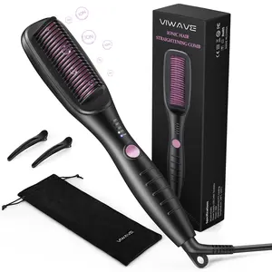 VIWAVE Hair Straightening Brush – Anti-Scald Ionic Hair Straightener Comb, Tangle-Free Design, Fast 30s Ceramic Heating, 4 Temperature Settings (140°C–200°C), Professional Smoothing Brush for All Hair Types