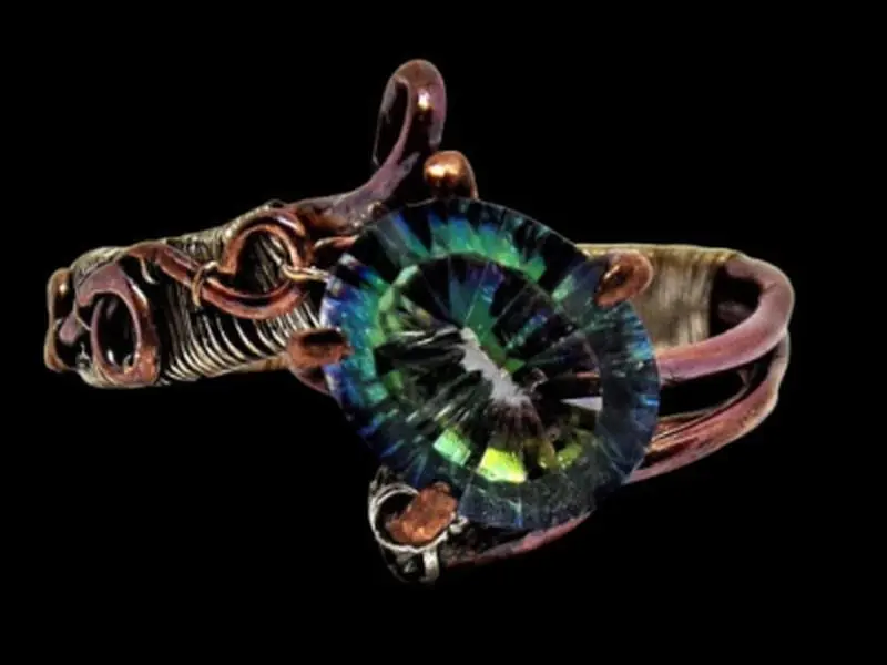 FAIRYTALE Sterling Silver Copper Size 9.75 Concave Natural Green Mystic Quartz Elven Elvish Gemstone Fantasy Magical Wire Wrapped Ring