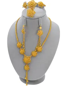 4-Piece Indian Gold Plated Matching Jewelry Set, Dubai Long Floral Tassel Necklace Bracelet Ring Earrings, Elegant Party Accessories, Gift for Wedding
