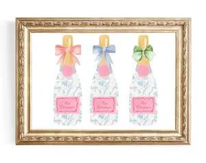 Unframe Champagne Bottles With Bows | Chinoiserie Blue Bottle | Watercolor Painting | Grandmillenial Style | Bar Cart Art