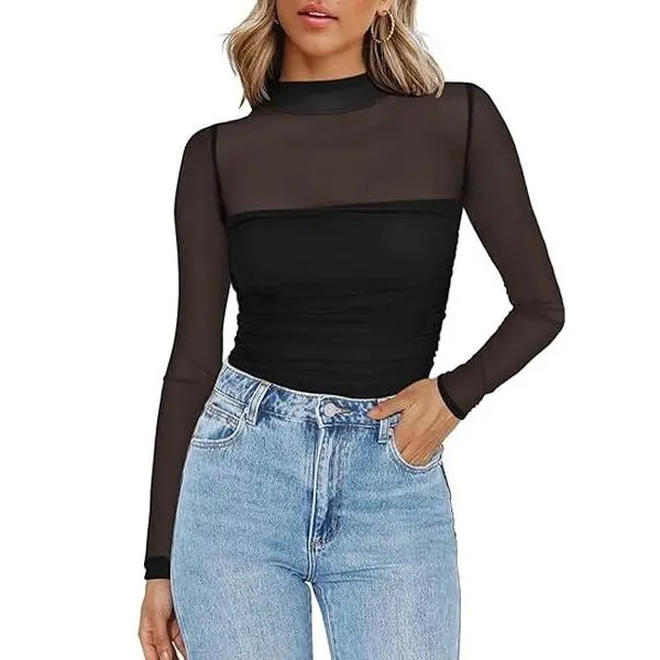 Women's Sexy Mock Turtle Neck Long Sleeve Tops Sheer Mesh Ruched Trendy Going Out Shirts Blouse Womenswear Aesthetic summerwins