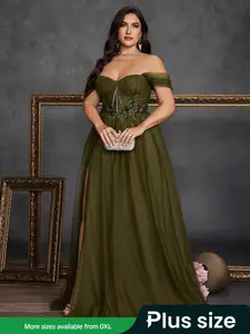 Women's Plus Size Elegant Long Formal Dress, Hand Embroidered Split Design, Fitted Summer Evening Gown for Parties & Weddings