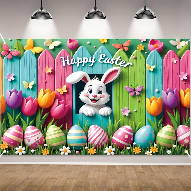 1PC,2D Flat Easter - themed Decorative Backdrop Cloth, Cartoon Rabbit, Colorful Eggs, Flowers, Butterflies Pattern Party Hanging Cloth, Festival Scene Decoration, Photo Background Banner Prop