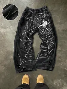 Men's Casual Loose Cotton Sport Pants, Spider Web Print, Drawstring Waist, Ankle Length, Street Style, All Seasons