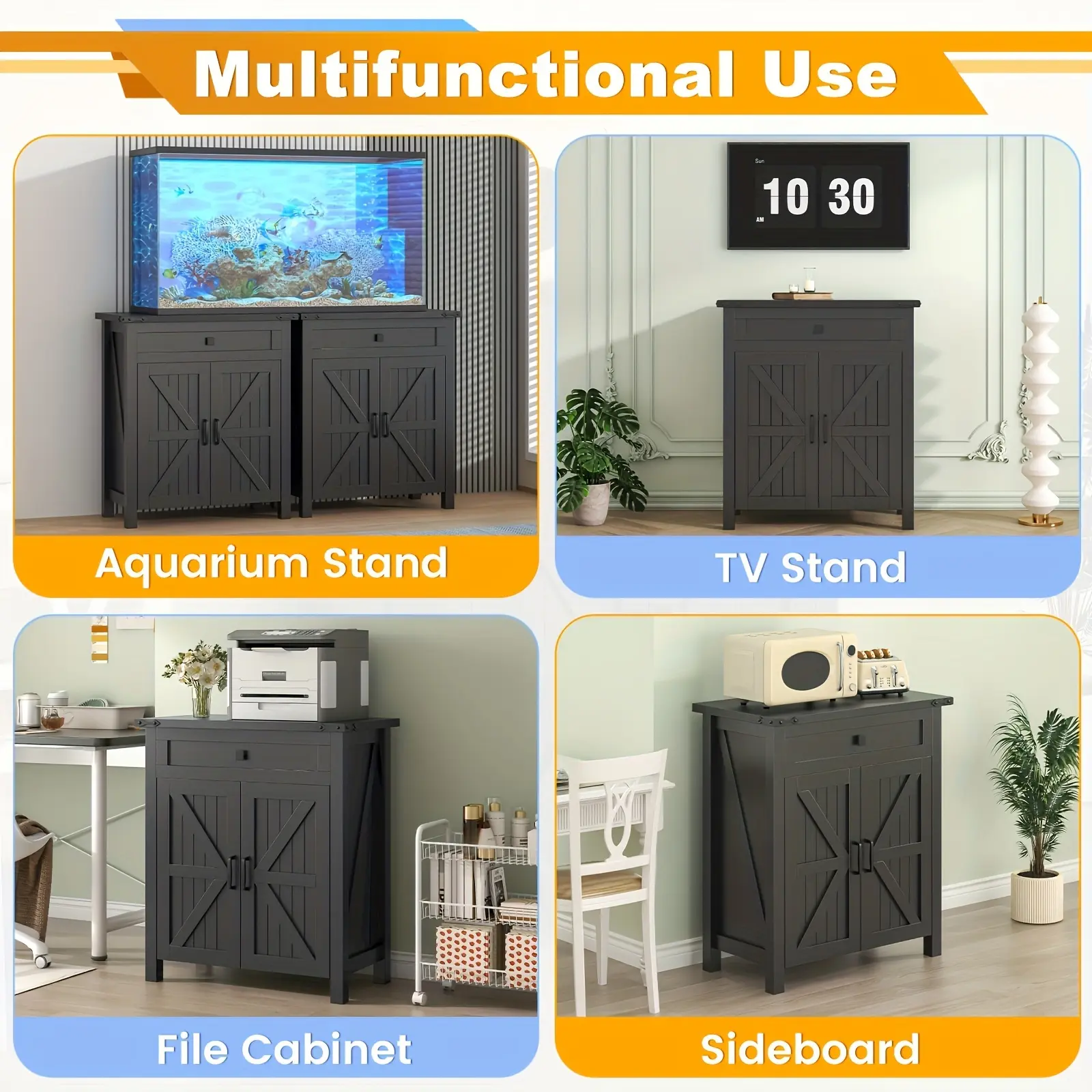 Black Farmhouse Storage Cabinet with Aquarium Stand, 20 Gallon Fish Tank Stand, 27.6 x 15.7 Inch Waterproof Reptile Terrarium Stand, 250 lb Capacity MDF Cabinet with Drawer, Hidden Compartment, Adjustable Shelf, Charging Station and Engraved Design
