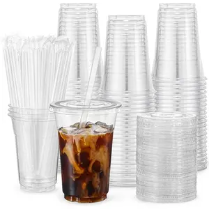 Limited time Deal-100 Sets 16oz, Plastic Cups with Liand Straws, Disposds able Cups for Iced Coffee, Smoothie, Milkshake, Cold Drinks Clear Disposable