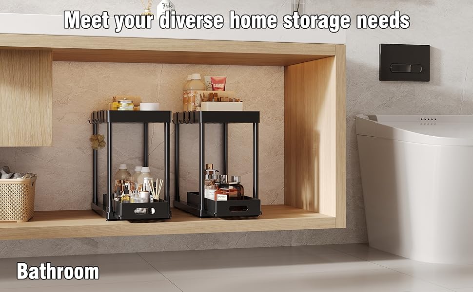 2 Pack Pull-Out Storage Organizers, Under Sink Organizer and Storage for Bathroom & Kitchen,Multi-Purpose Under Cabinet Organizers and storage Black