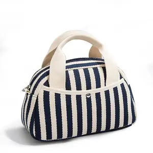 Women's Navy Blue Striped Handbag Durable Zip Closure Work Tote Spacious Polyester Lining Design Suitable for Daily and Office Use Elegant Striped Pattern Sturdy Handle Construction
