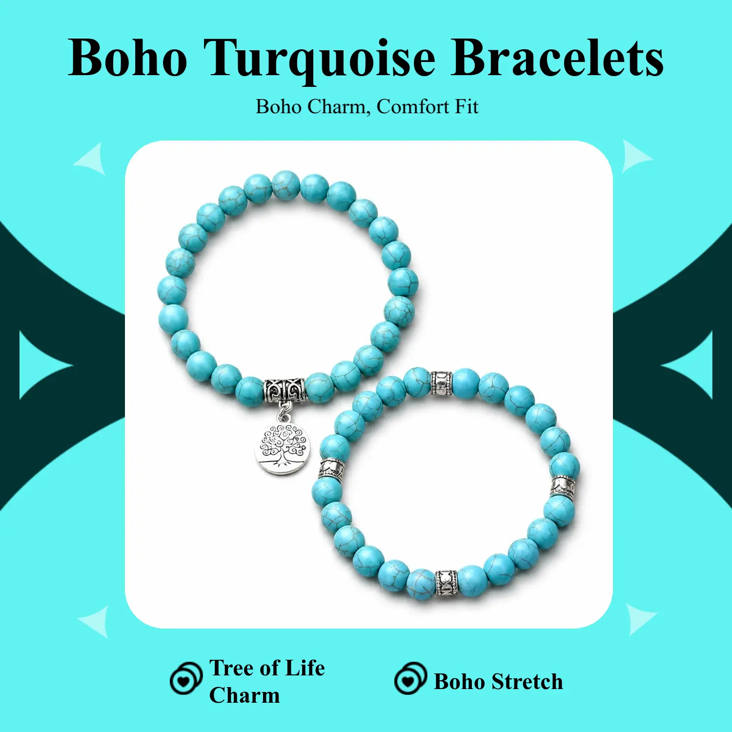 Tree of Life Turquoise Beaded Bracelet Set, 2 Pcs Boho Stretch, Summer Beach Festival Jewelry good fortune daily clothing decor money attraction bracelet gift