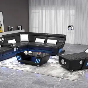 Viscotti Modern Leather  “Bluetooth” Home Theater Sectional Sofa with LED & USB Charging Ports