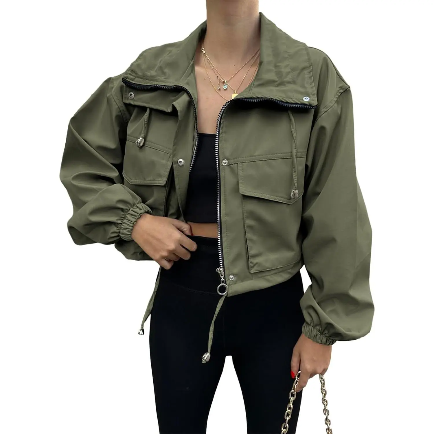 Imily Bela Womens Cropped Jacket Zip Up Lightweight Oversized Utility Anorak Coat with Pockets