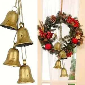 Vintage-Style Christmas Bell Set, 4pcs Metal Bells with Rope, Perfect for Tree, Wreath, Home Decor, Rustic Charm