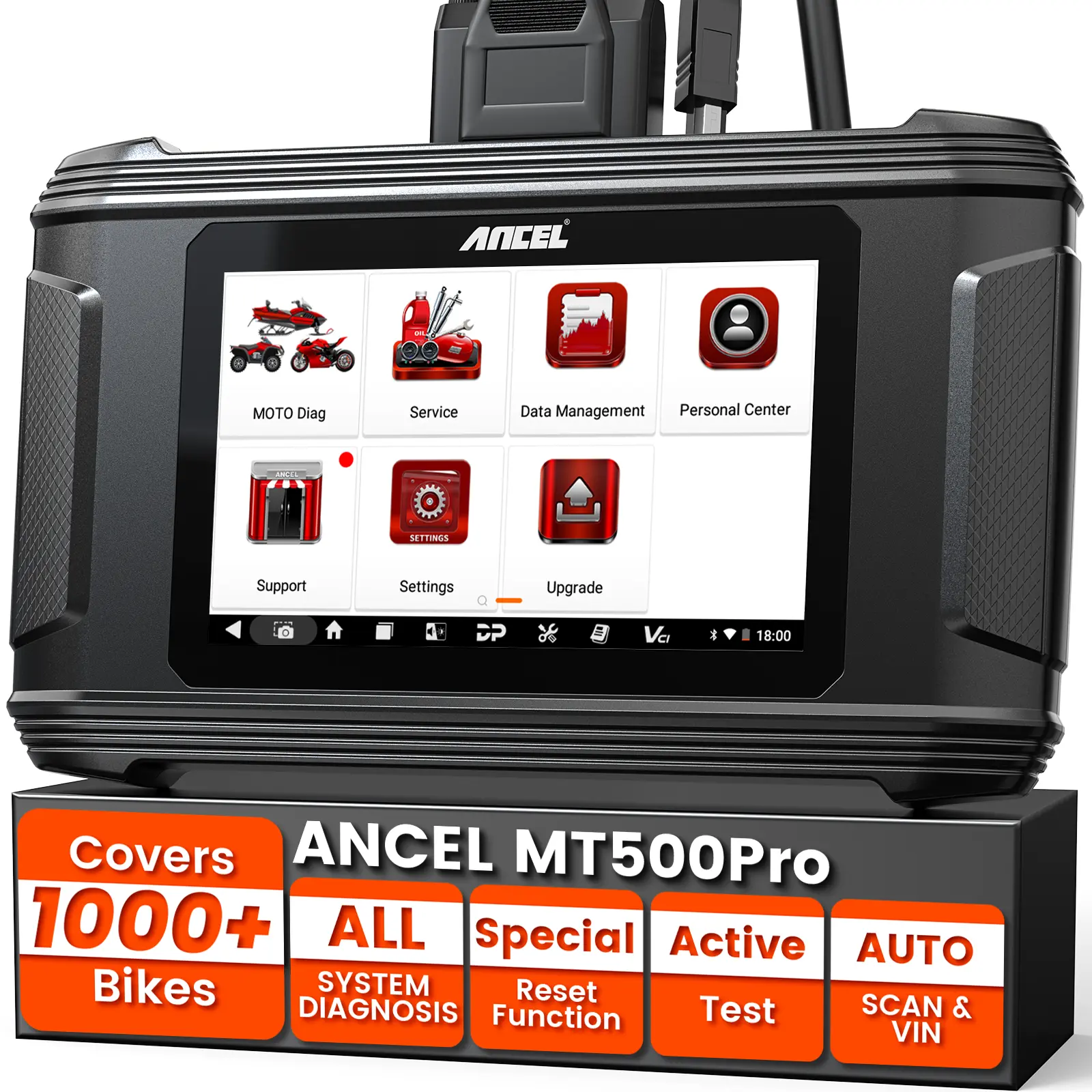 ANCEL MT500 PRO Motorcycle Scanner - OEM-Level Full System OBD2 Tool for 1000+ Models, 30+ Service Functions, 8 Adapters, Wi-Fi Updates, Rugged Screen for Riders (Garage/Outdoor Use, Fits Harley Honda Yamaha), Kawasaki, English