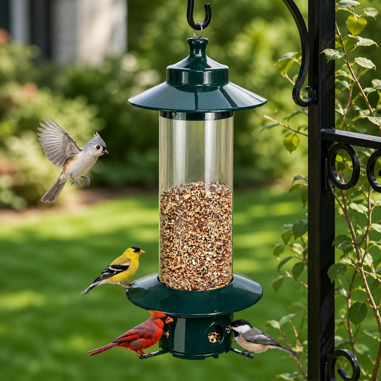 Squirrel Proof Bird Feeders for Outdoor: 4.8LB Large Capacity Hanging Bird Feeder, Weight-Activated Mechanism Wild Bird Feeders, Chew-Proof Metal Birdfeeder for Finch Cardinal Chickadee with 2 Black Hooks