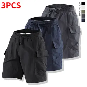 Set of 3 men’s cargo shorts: drawstring waist, multiple pockets; outdoor tactical shorts; summer casual athletic shorts; loose fit, elastic waistband, multi-pocket work/hiking shorts; sports shorts set of 3