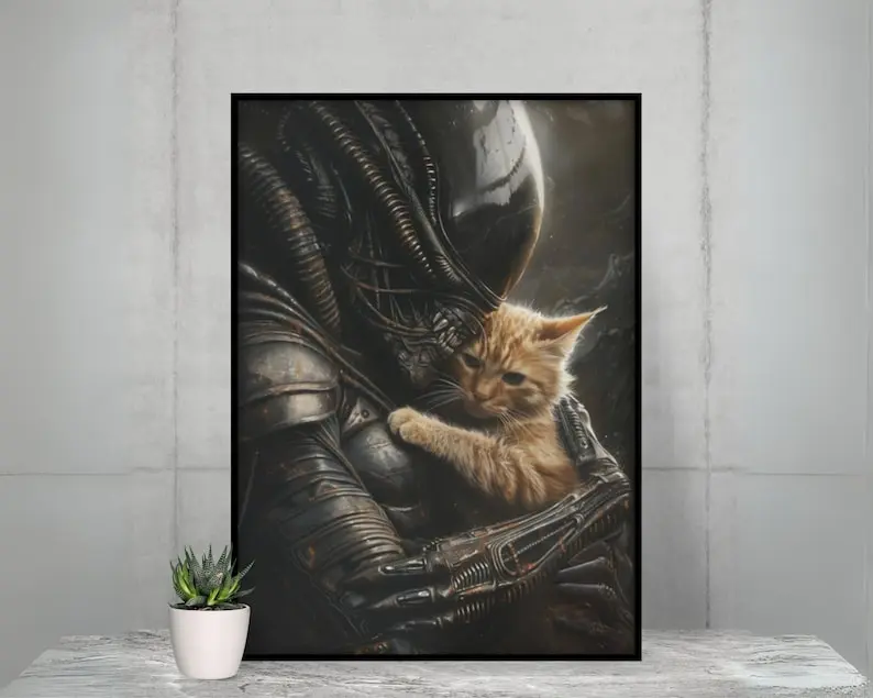 [Sale up to 45%] + [FREE SHIP] Xenomorph Alien x Jonesy Cat Art Print - Cute Horror Poster, Perfect Gift for Aliens Fans, Adorable Sci-Fi DÃ©cor