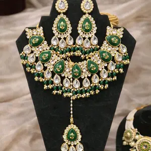 Sabya inspired statement necklace set - Kundan style Green