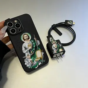 5-Piece Set Eye-Catching Saint Jude Theme Phone Case Charger Cover + Cable Protector + Storage Rope, Anti-Drop Soft Tpu for iPhone