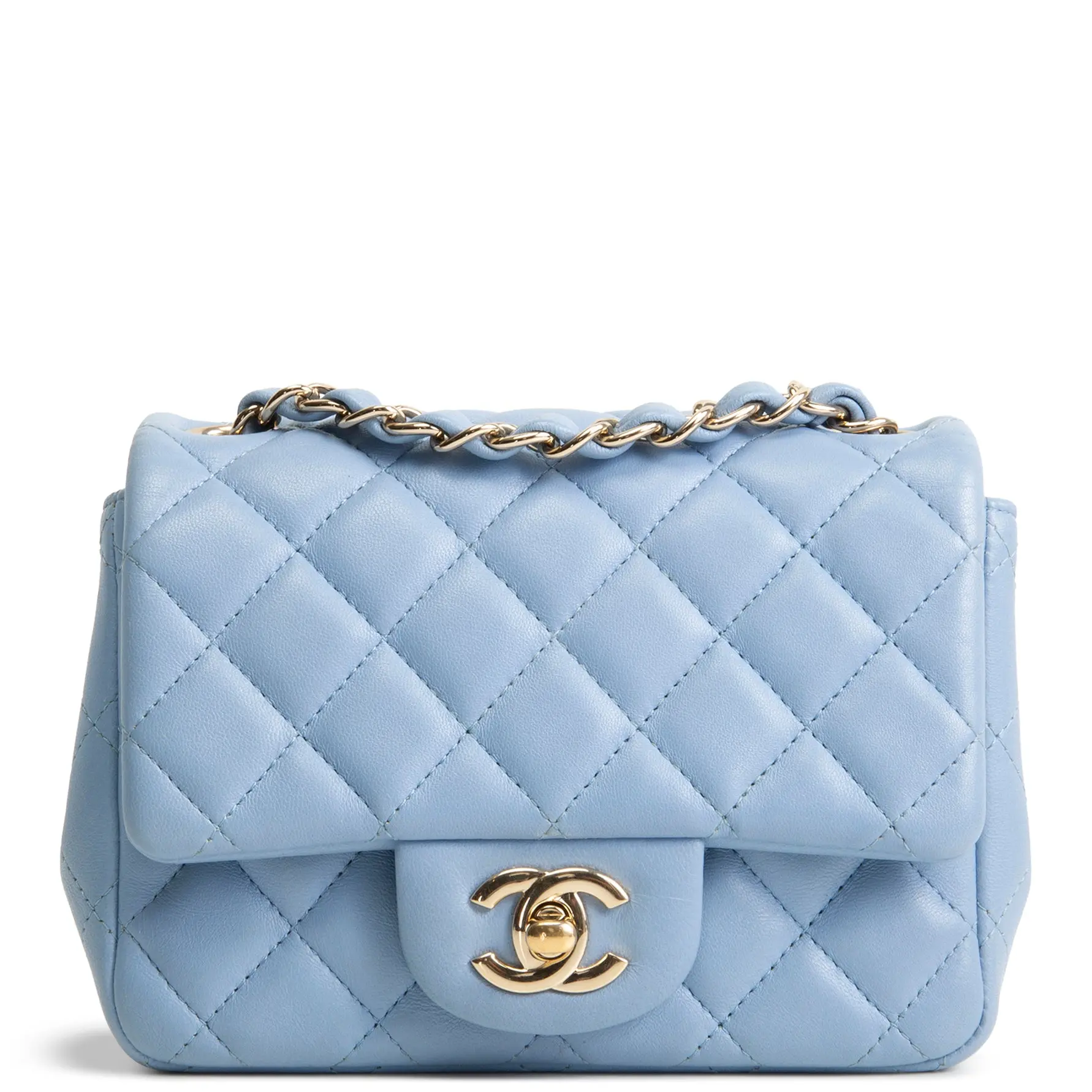 Pre-owned CHANEL Quilted Lambskin Leather Crossbody Bags Mini Square Single Flap Bag Periwinkle Blue
