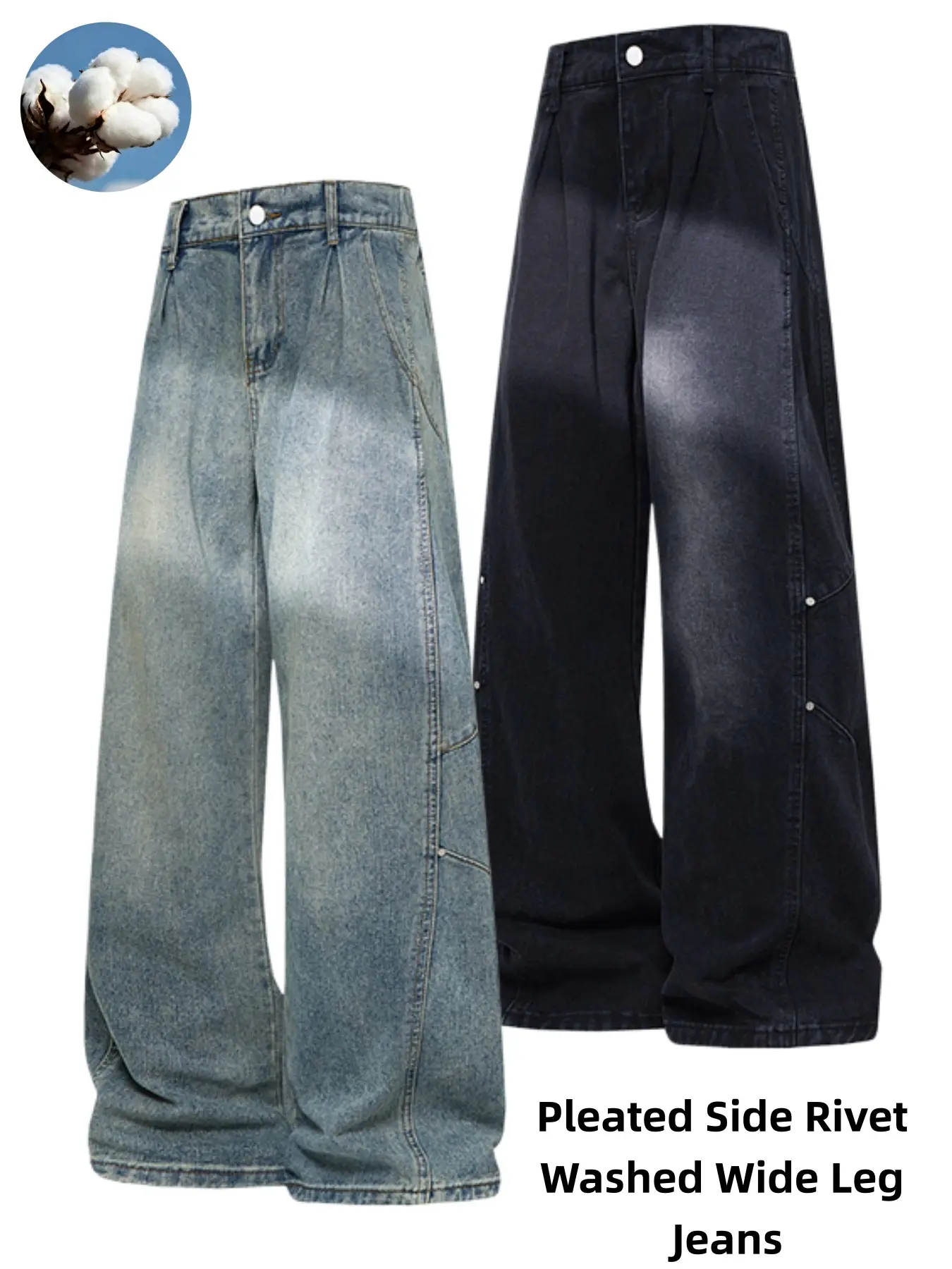 Men's Pleated Side Rivet Washed Wide Leg Jeans, Vintage Gradient Faded Baggy Denim Pants, Front Pleat Side Rivet Streetwear Trousers, Elastic Back Waist Oversized Casual Denim Bottoms For Skater Hip Hop Urban Trendy Outfits
