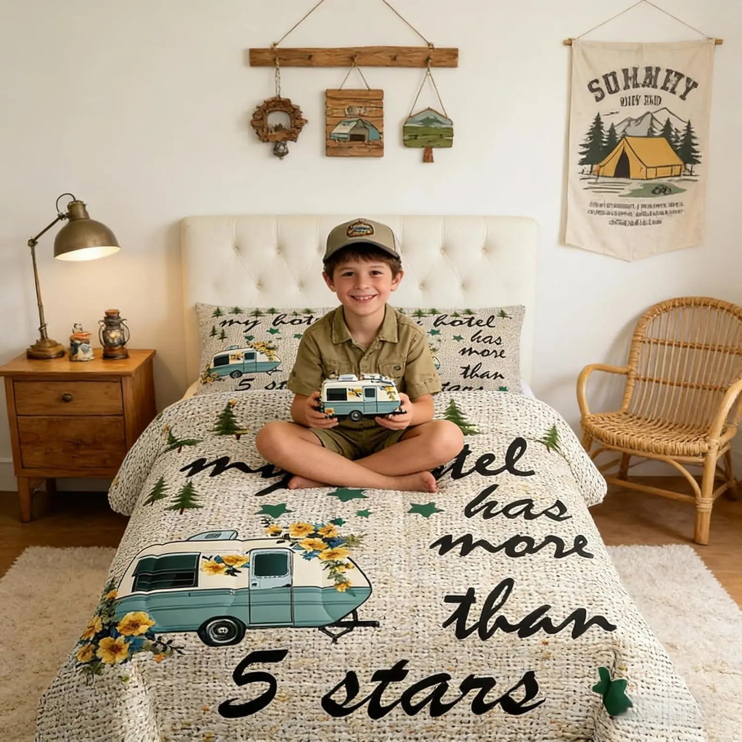Happy Camping Comforter Set,Camper RV Trailer Decor Bedding for Kids Boys Girls Adults,Pine Trees Wilderness Adventure Down Comforter,Beige Fashion Duvet Insert